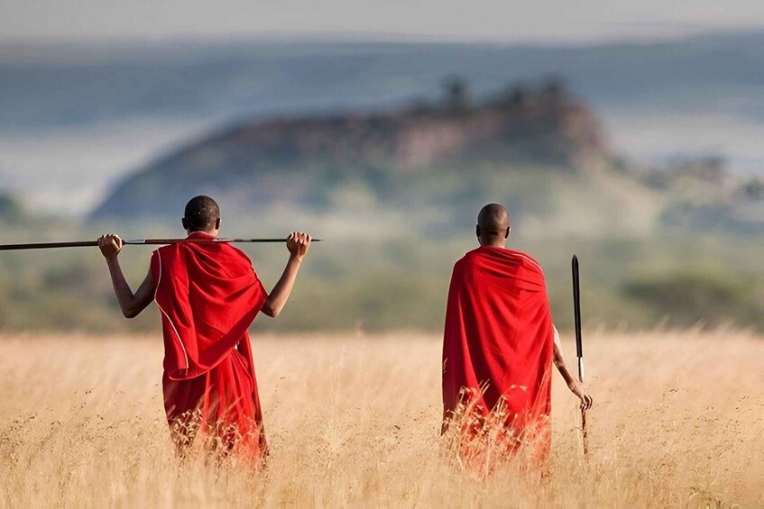 Two individuals in red robes walking through a field with a mountainous landscape in the background. 1