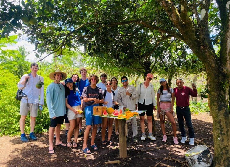 A group of people standing under a tree with a table of fruits and vegetables in a forested area. 4