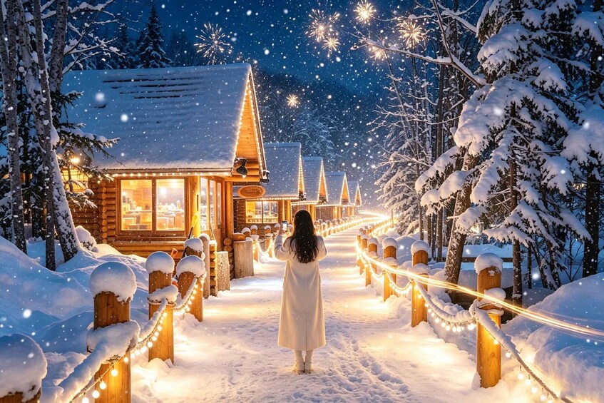 A snow-covered pathway leading to a wooden cabin with a lit interior, surrounded by snow-laden trees and a starry night sky. 1