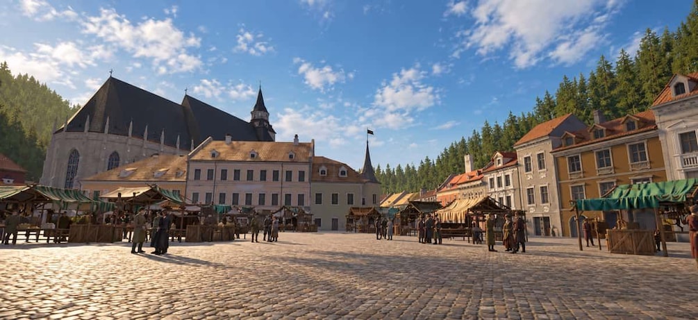 Mukulakivilaatoitettu aukio, jota reunustavat historialliset rakennukset, kirkko ja ulkoilmamarkkinakojut. 5