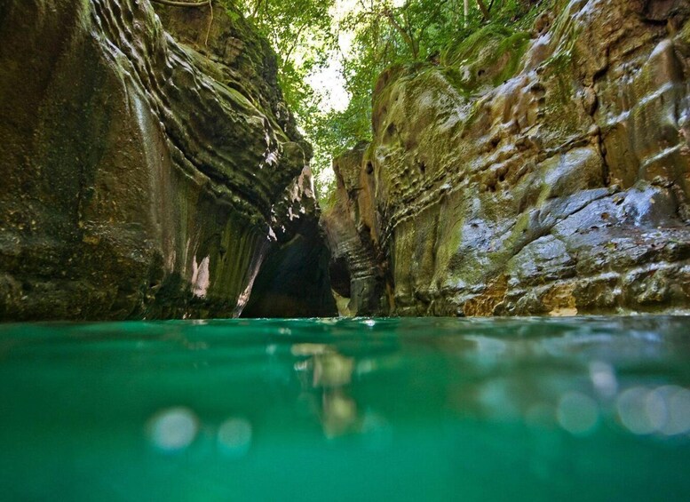 A narrow waterway flanked by rocky cliffs with dense foliage overhead. 2