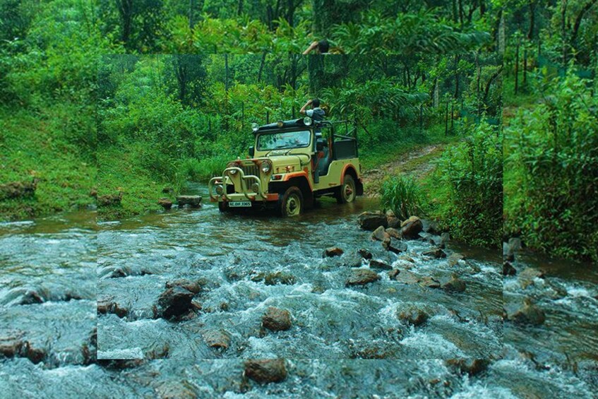 A yellow off-road vehicle crossing a rocky stream in a forested area. 1