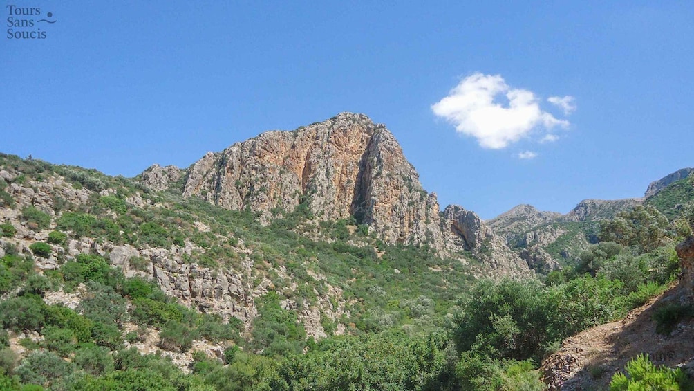 A rugged mountain landscape with a prominent rocky peak and dense green vegetation. 4