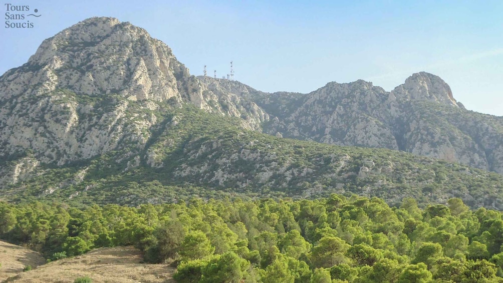A mountainous landscape with dense green forests and rocky cliffs. 5