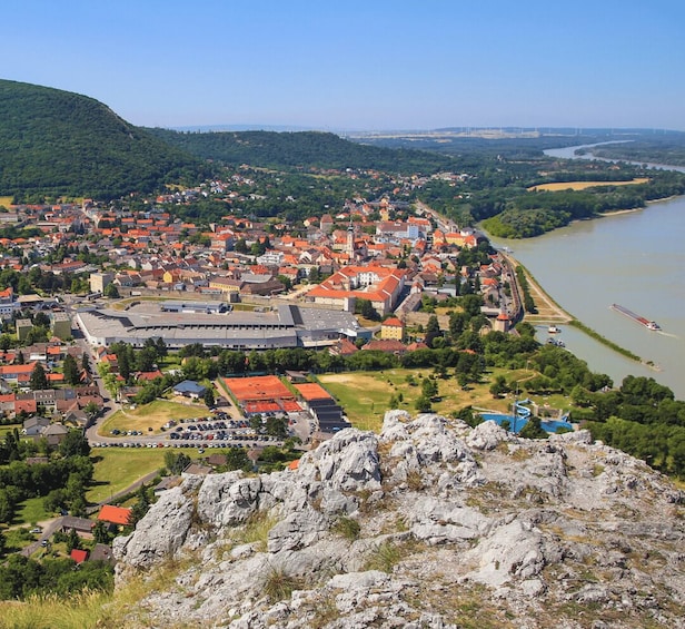 A town with red-roofed buildings, a river, and a hill in the foreground. 2