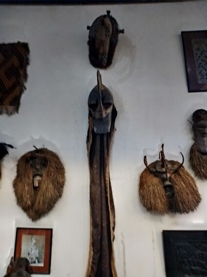 A collection of animal heads and horns displayed on a wall. 3