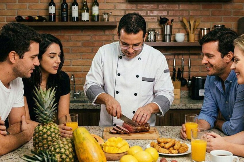 A chef preparing food in a kitchen with a group of people watching. 1