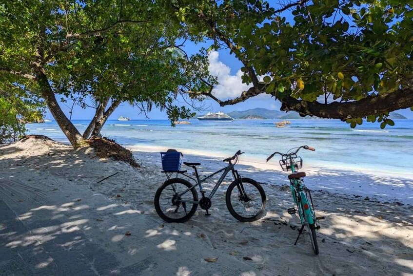 A beach with two bicycles, one with a basket and one with a basket and a bag. 5