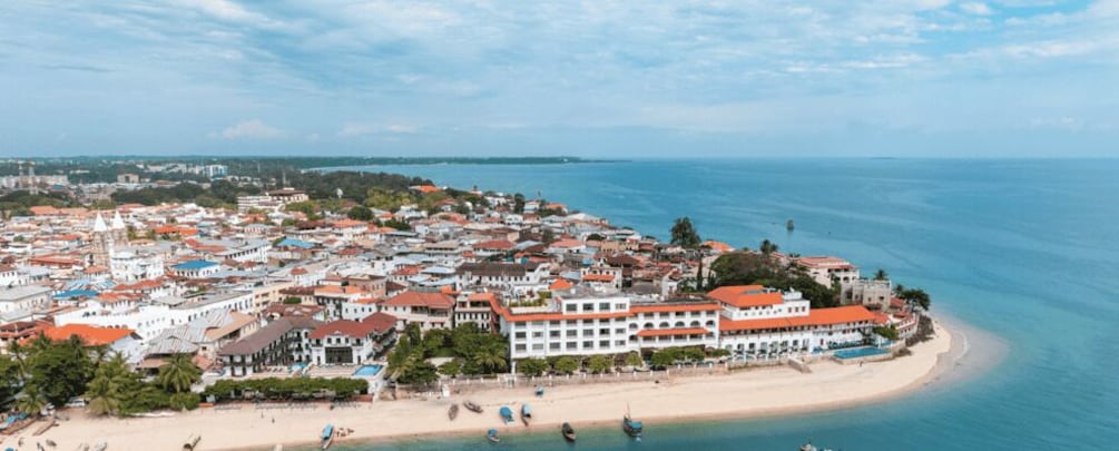 Un borgo costiero con spiaggia, edifici e barche. 2
