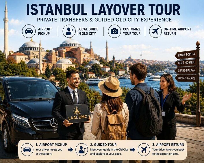 A group of people on a tour in Istanbul, with a car and a guidebook. 1