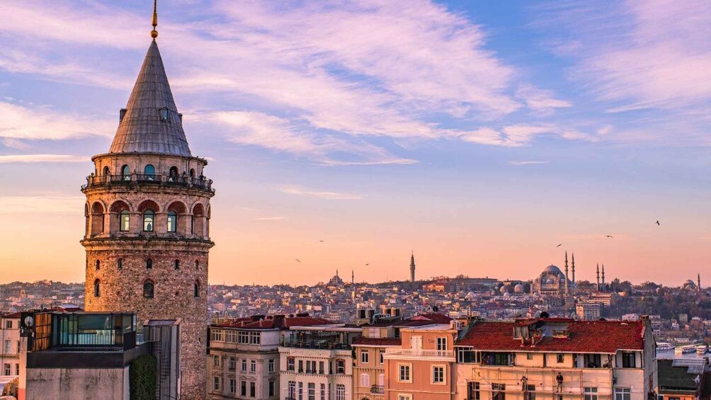 A historic tower with a conical roof, a cityscape with various buildings, and a clear sky with scattered clouds. 4