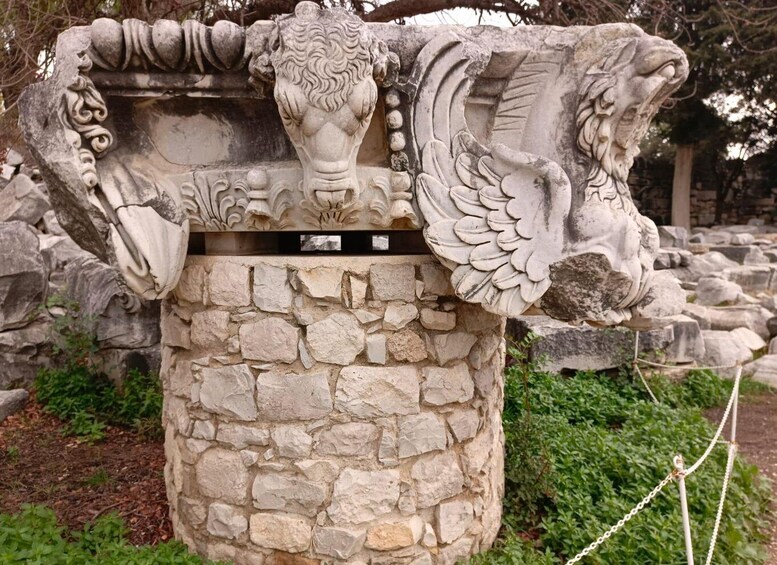 Estructura de piedra con leones y alas esculpidas, rodeada de vegetación y otros elementos pétreos. 3