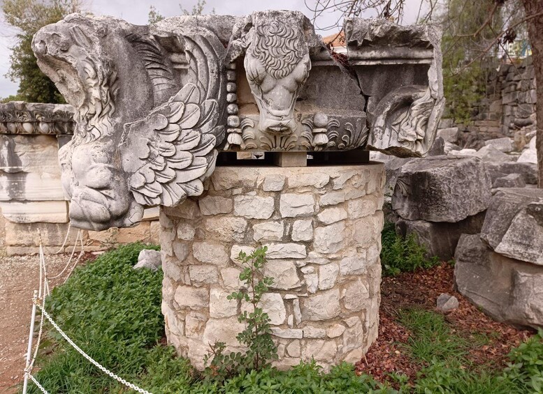 Un pilar de piedra con esculturas de leones y motivos vegetales. 1