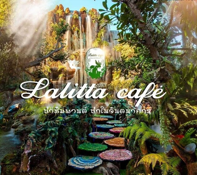 A waterfall, lush greenery, and a coffee shop named 'Latitta cafe' with a logo. 1