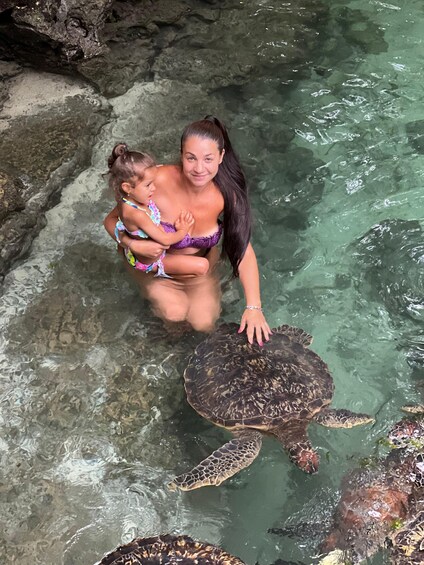 A woman in a purple bikini holding a child in a rocky pool with sea turtles. 4