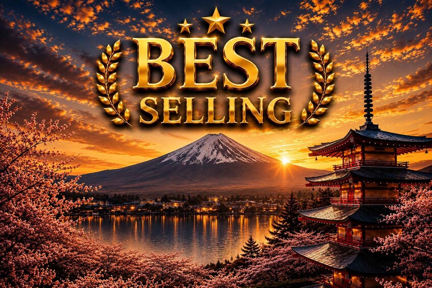 A sunset over a lake with Mount Fuji in the background and a traditional Japanese pagoda. 1