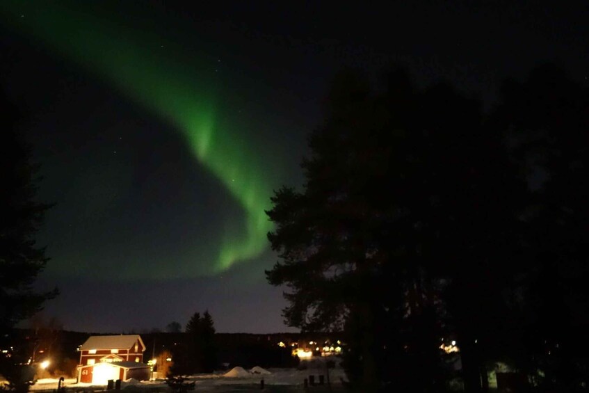 A house with a snow-covered yard and a green aurora in the sky. 3