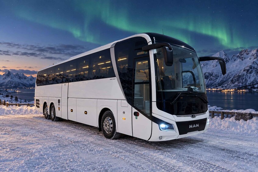 Un autobús turístico blanco estacionado en una carretera nevada, con un lago y montañas al fondo. 2