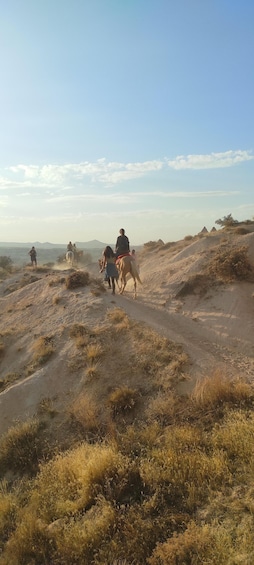 A group of people riding horses on a dirt trail in a hilly, grassy area. 3