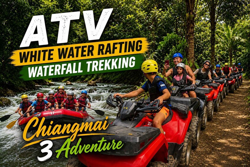 People rafting and trekking on an ATV in a lush, green environment. 1