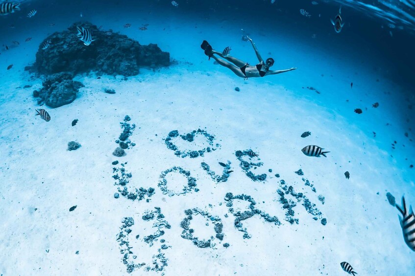 An underwater scene with a person swimming and a message written in the sand. 5