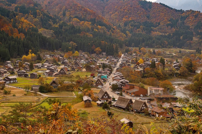 A village with traditional houses, surrounded by autumn-colored trees and a river. 2