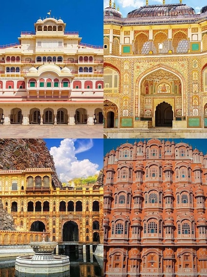 A palace with intricate architecture, a large courtyard, and a rocky landscape. 5