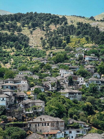 A hillside village with traditional stone houses, dense greenery, and a clear blue sky. 5