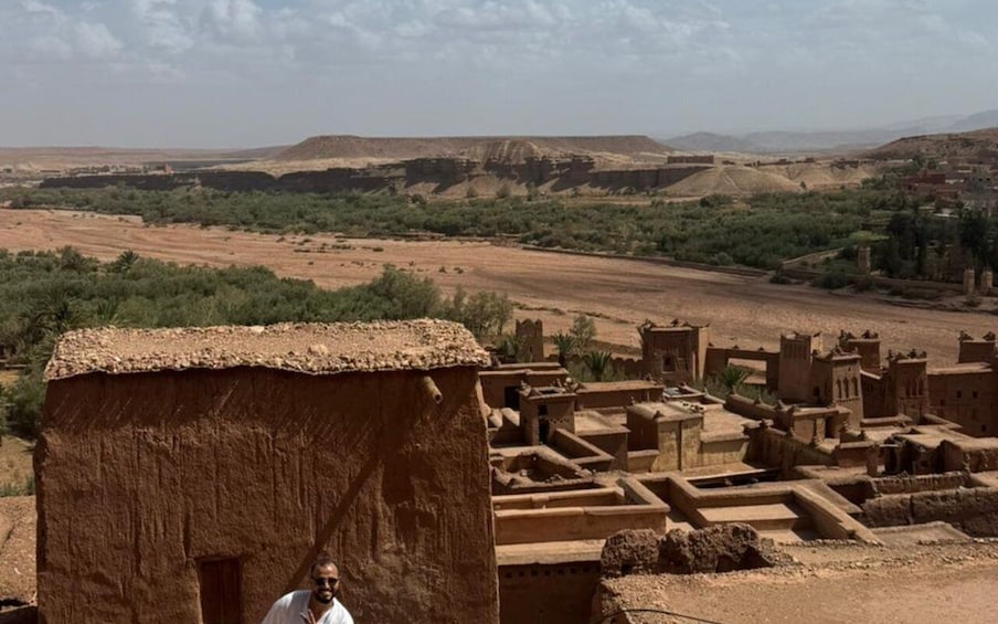 A desert landscape with traditional mud-brick buildings and sparse vegetation. 2