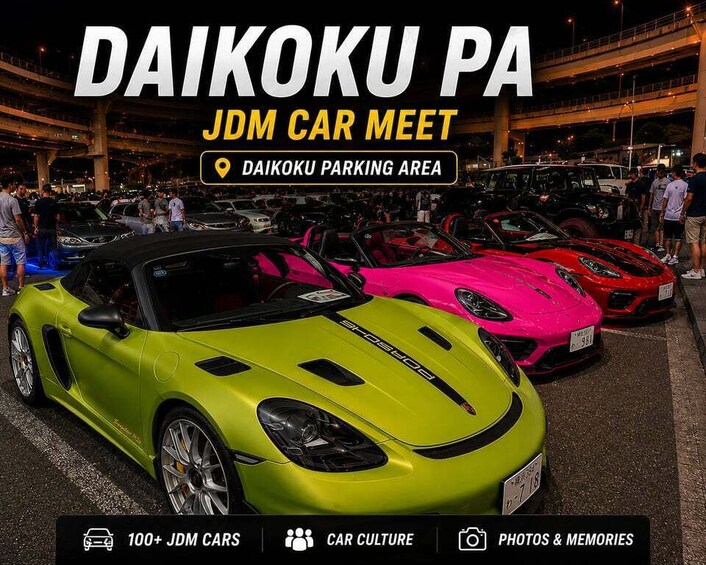 A Daihoku Pa JDM car meet with multiple sports cars parked in an outdoor area. 2