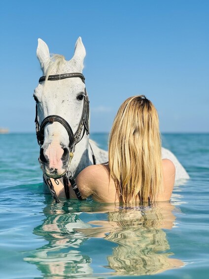 Eine Person im klaren Wasser mit einem weißen Pferd. 1