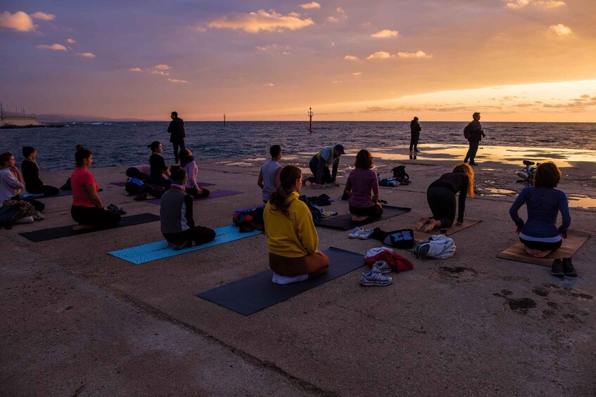 A group of people doing yoga on mats by the sea during sunset. 4