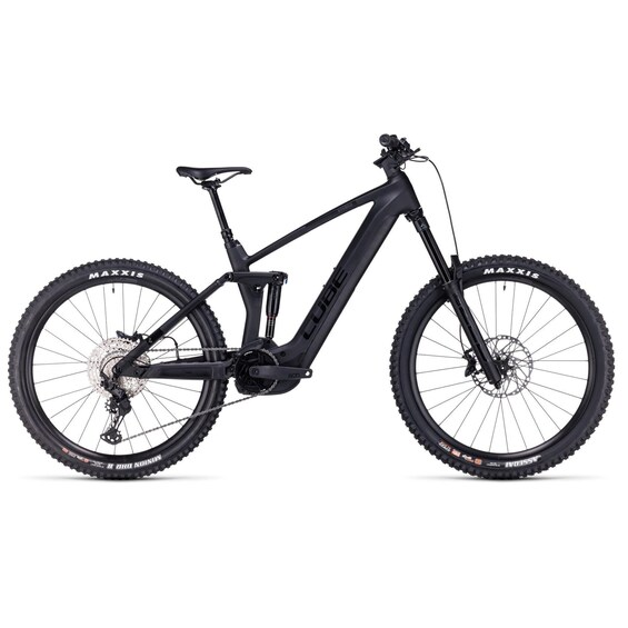 A black electric mountain bike with disc brakes, a step-through frame, and thick tires. 1