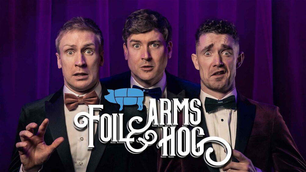 Three men in formal attire with a purple background and the text 'Foils & Hogs' with a pig graphic. 4