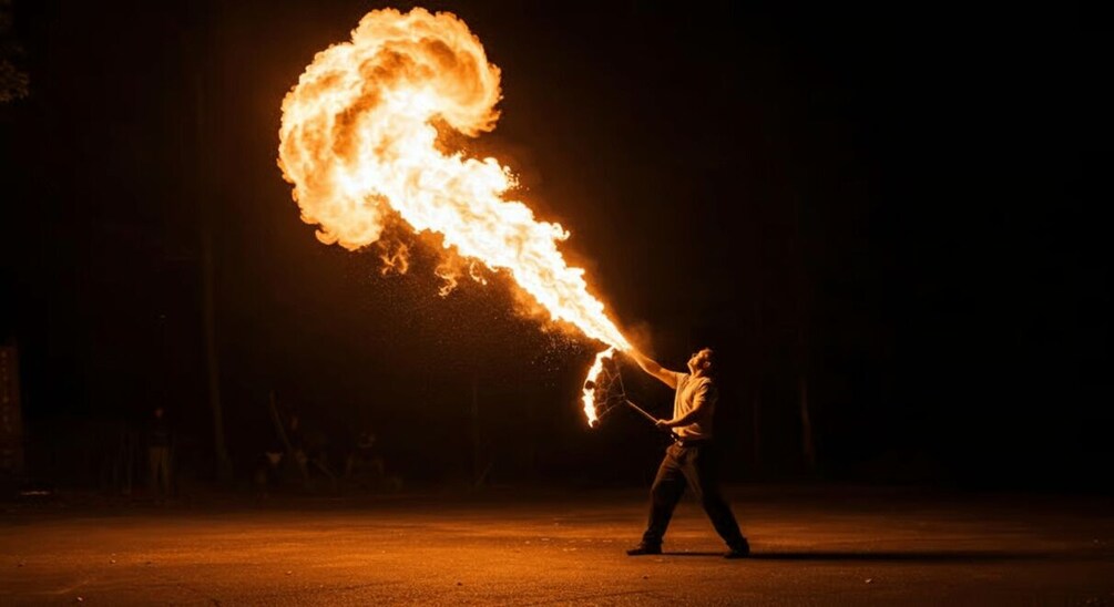 A person performing with a large fire torch. 4