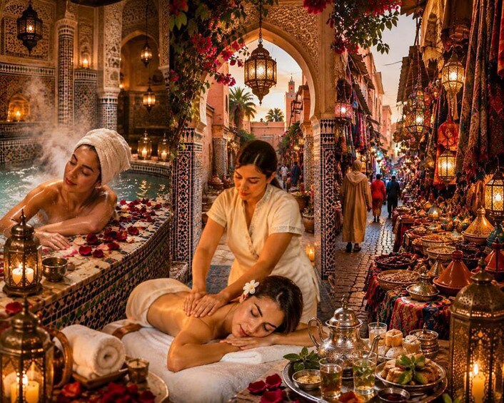 A spa with ornate architecture, a person receiving a massage, and a street with traditional lanterns. 1