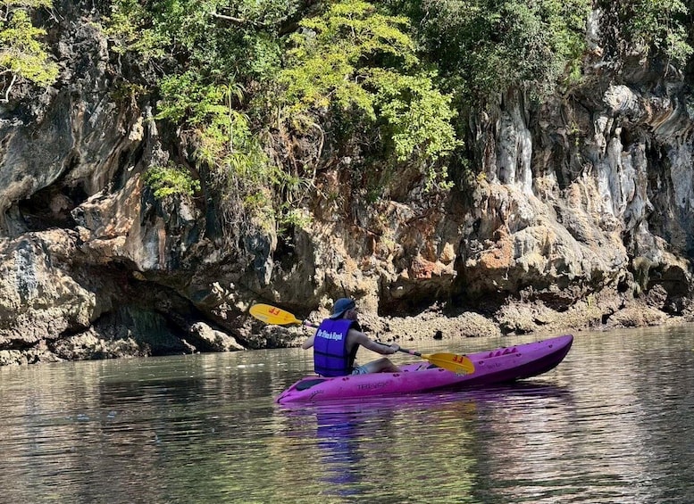 A person kayaking on a calm river with rocky cliffs and dense greenery in the background. 5