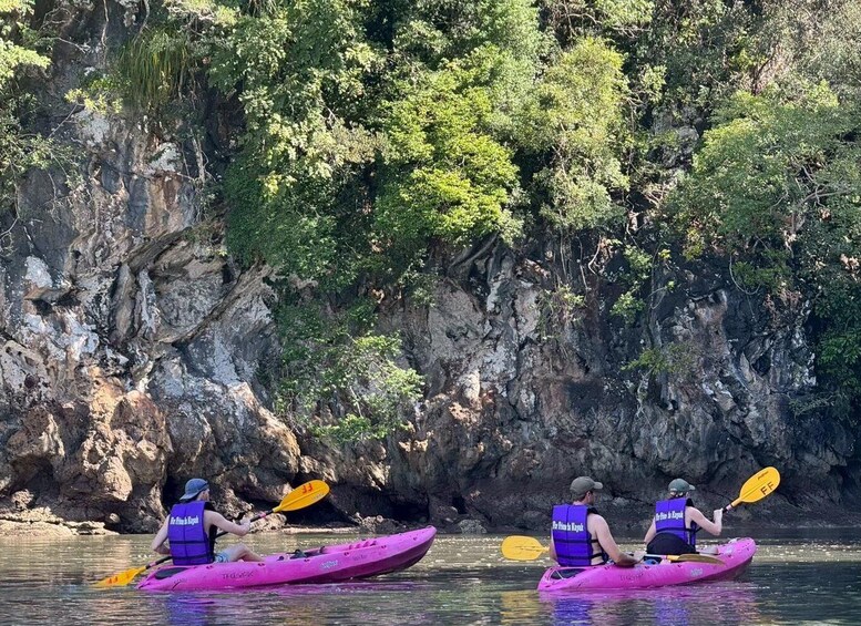 Three people kayaking on a river with rocky cliffs and dense foliage in the background. 4