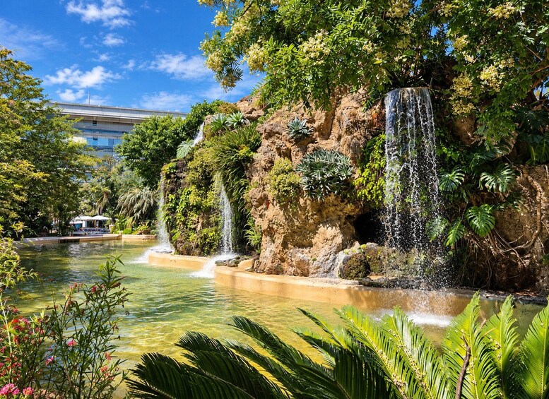 A waterfall cascading over a rocky cliff into a clear pool, surrounded by lush greenery and palm trees. 4