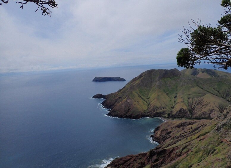 A coastal landscape with rugged hills and a small island in the distance. 5