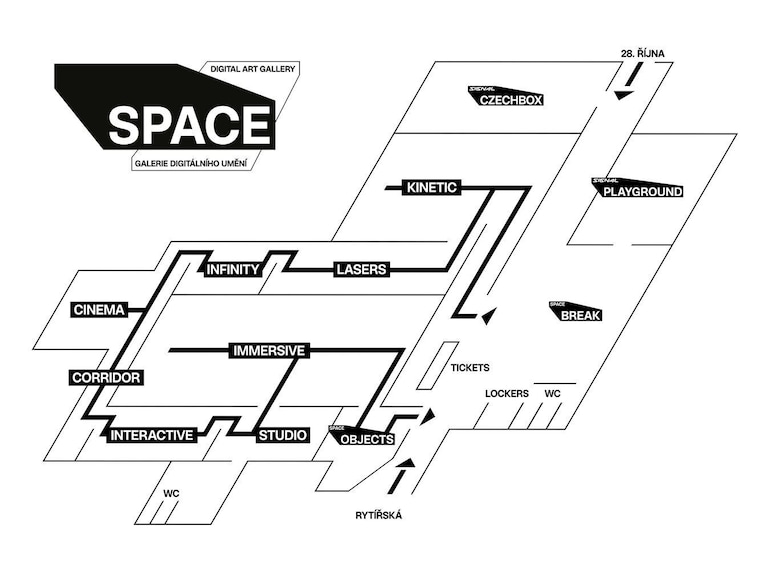 Plan d’une galerie d’art numérique avec les sections suivantes : « ESPACE », « CINÉTIQUE », « ESPACE DE JEU », « INFINI », « LASERS », « CINÉMA », « IMMERSION », « COULOIR », « INTERACTIF », « STUDIO », « OBJETS », « BILLETTERIE », « CASIERS », « TOILETTES », « PAUSE », « RYTĚSKÁ » et « SIGNAL CZECHBOX ». 4