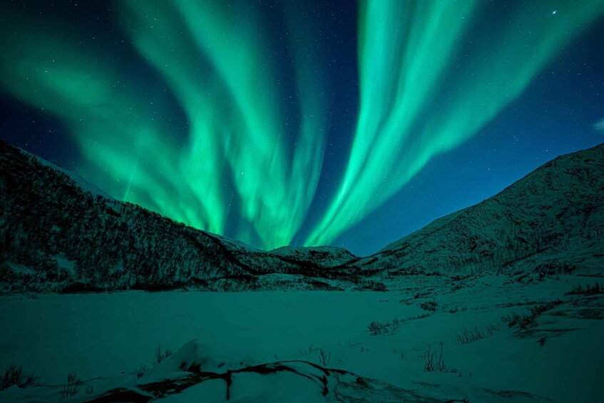 The Northern Lights over a snowy landscape with mountains. 1