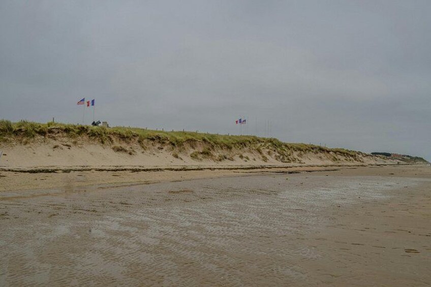A beach with sand dunes and flags. 4