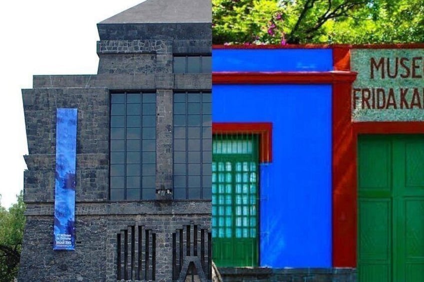 A building with a blue and green facade, a sign reading 'MUSEE FRIDAKA,' and a vertical blue banner. 2