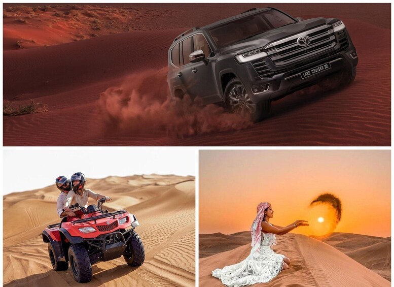 A desert landscape with sand dunes and a vehicle. 1