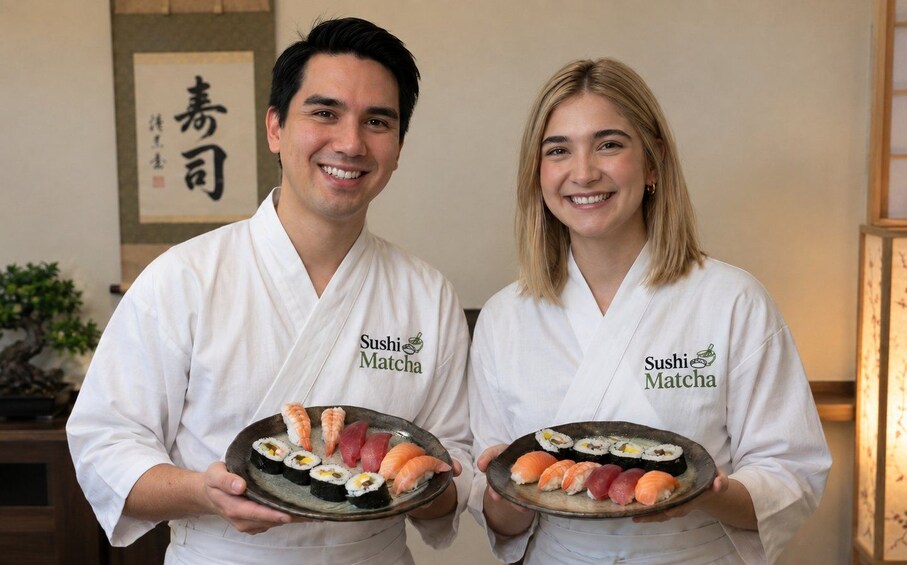 Two individuals in white chef's coats holding plates of sushi. 1
