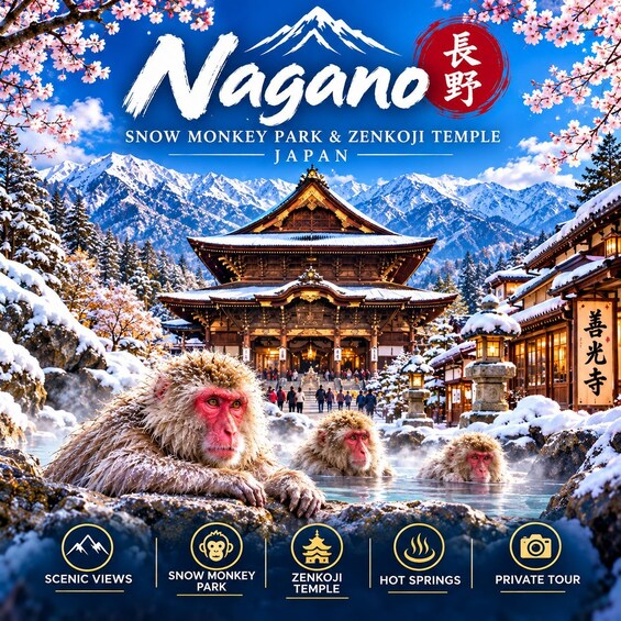 Nagano, au Japon, offre des paysages magnifiques, le parc des singes des neiges, le temple Zenkoji, des sources chaudes et la possibilité de faire une visite privée. 3