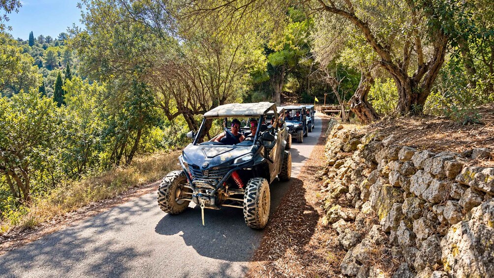 Off-road vehicles on a narrow path surrounded by trees and stone walls. 1