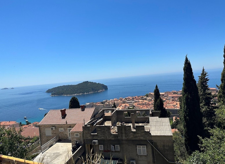 A coastal town with terracotta-roofed buildings, a distant island, and a clear blue sky. 1