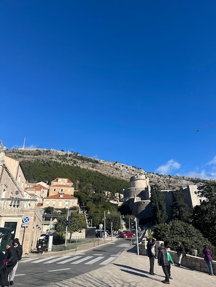 A street with buildings, a castle, and a clear blue sky. 3